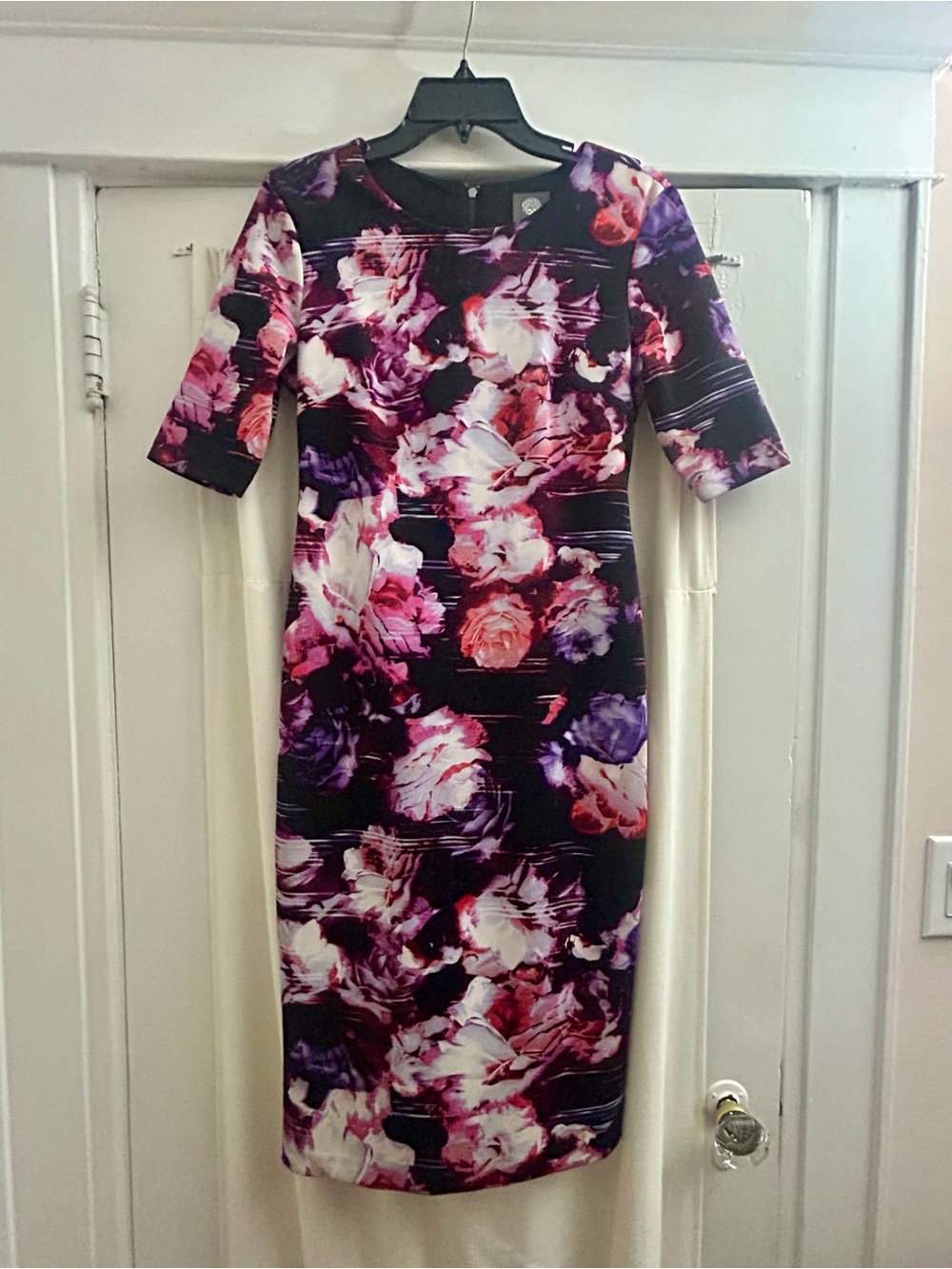 Vince Camuto Floral Scuba Sheath Midi Dress Pink Purple Black Size 6